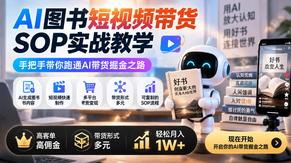 AI图书短视频带货SOP实战教学,手把手带你跑通AI带货掘金之路,高客单高佣金,带货形式多元,轻松月入1W+-网赚副业网