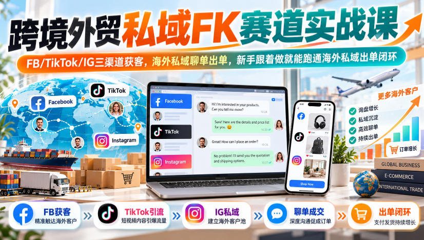 跨境外贸私域FK赛道实战课|FB/TikTok/IG三渠道获客,海外私域聊单出单,新手跟着做就能跑通海外私域出单闭环-网赚副业网