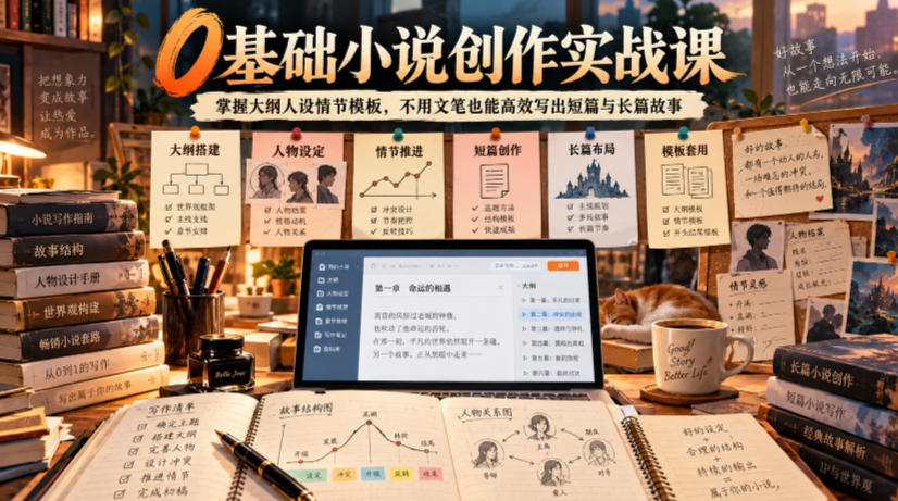 0基础小说创作实战课｜掌握大纲人设情节模板，不用文笔也能高效写出短篇与长篇故事-网赚副业网