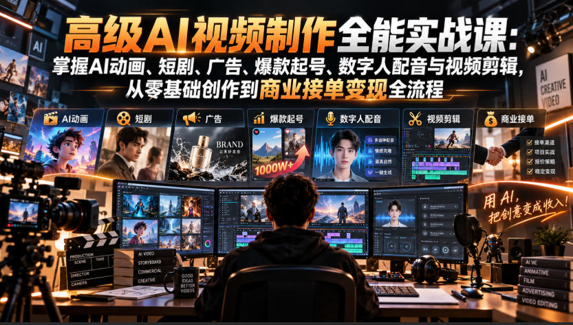 高级AI视频制作全能实战课:掌握AI动画、短剧、广告、爆款起号、数字人配音与视频剪辑,从零基础创作到商业接单变现全流程-网赚副业网