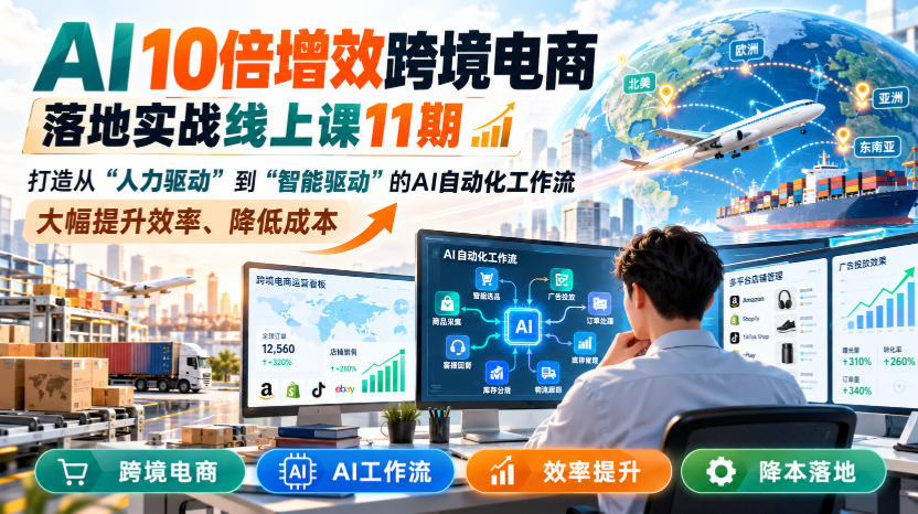AI 10倍增效跨境电商落地实战线上课11期,打造从人力驱动到智能驱动的AI自动化工作流,大幅提升效率、降低成本-网赚副业网