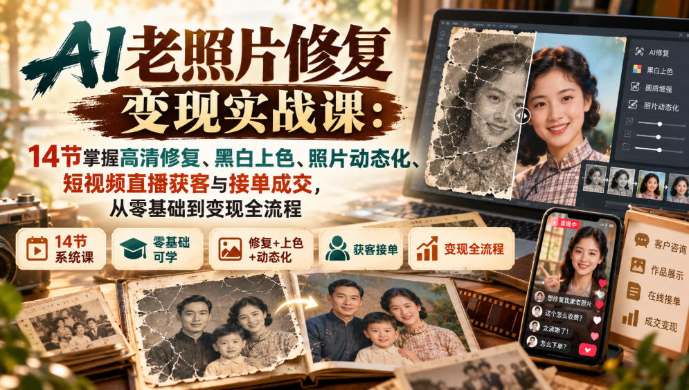 AI老照片修复变现实战课：14节掌握高清修复、黑白上色、照片动态化、短视频直播获客与接单成交，从零基础到变现全流程-网赚副业网