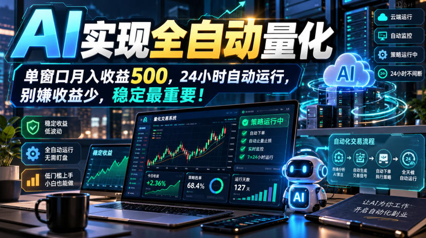 AI实现全自动量化,单窗口月入收益500,24小时自动运行,别嫌收益少,稳定最重要!【揭秘】-网赚副业网