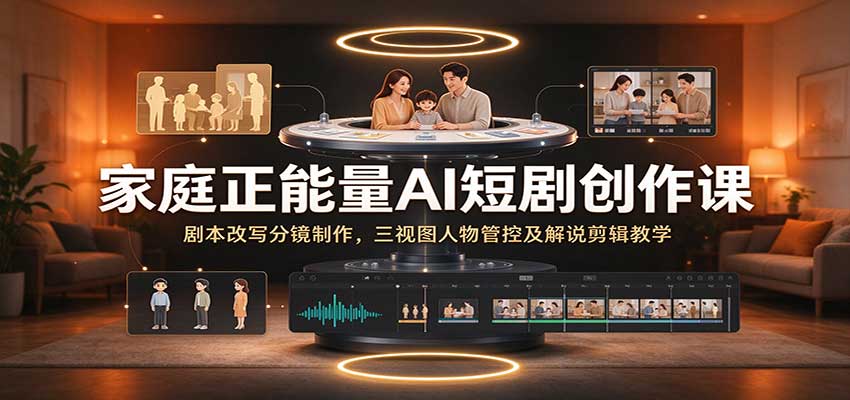 家庭正能量AI短剧创作课:剧本改写分镜制作,三视图人物管控及解说剪辑教学-网赚副业网