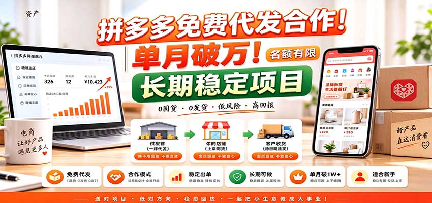 拼多多免费代发合作|单月破万!长期稳定项目,名额有限-网赚副业网