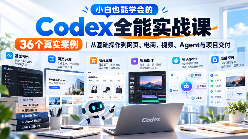 小白也能学会的Codex全能实战课|36个真实案例,从基础操作到网页、电商、视频、Agent与项目交付-网赚副业网