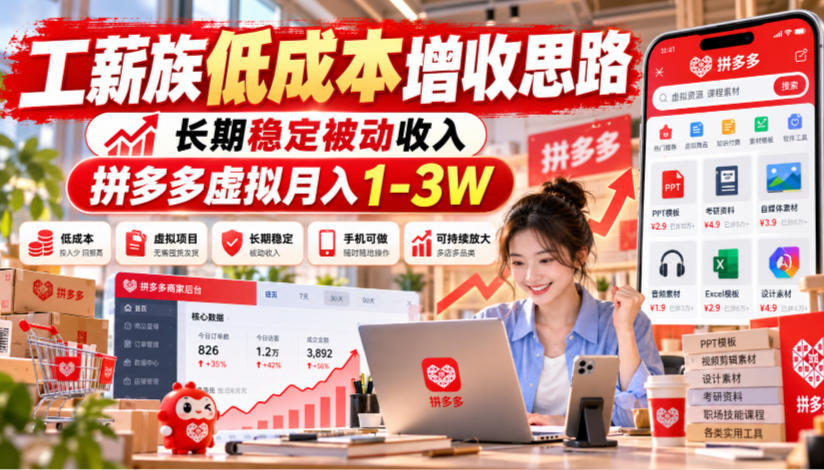 工薪族低成本增收思路，长期稳定被动收入，拼多多虚拟月入1-3W-网赚副业网