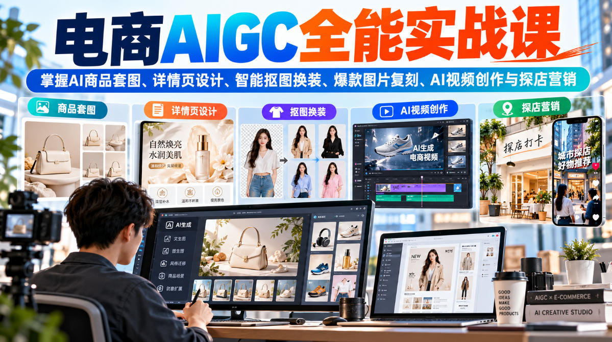 电商AIGC全能实战课:掌握AI商品套图、详情页设计、智能抠图换装、爆款图片复刻、AI视频创作与探店营销-网赚副业网