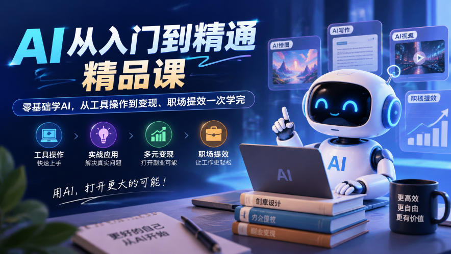 AI从入门到精通精品课，零基础学AI，从工具操作到变现、职场提效一次学完-网赚副业网