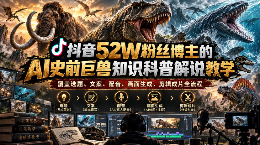 抖音52W粉丝博主的AI史前巨兽知识科普解说教学,覆盖选题、文案、配音、画面生成、剪辑成片全流程-网赚副业网