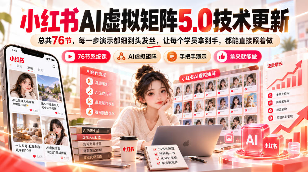 小红书AI虚拟矩阵5.0技术更新，总共76节，每一步演示都细到头发丝，让每个学员拿到手，都能直接照着做-网赚副业网