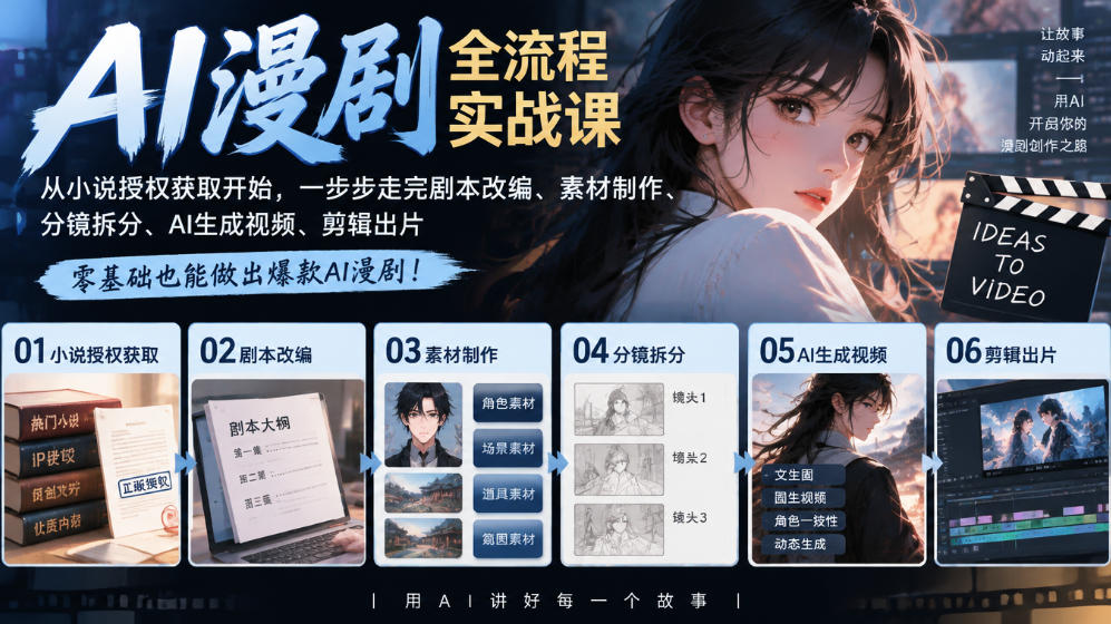 AI漫剧全流程实战课|从小说授权获取开始,一步步走完剧本改编、素材制作、分镜拆分、AI生成视频、剪辑出片全流程-网赚副业网