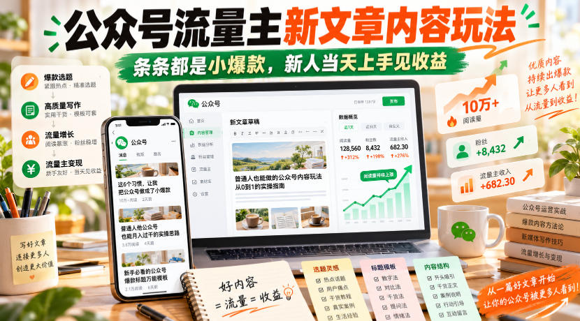 公众号流量主新文章内容玩法,条条都是小爆款,新人当天上手见收益-网赚副业网