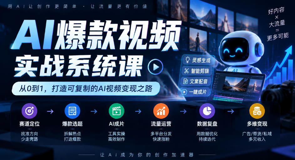 AI爆款视频实战系统课|赛道定位、爆款选题、AI成片、流量运营、数据复盘、多维变现全链路教学-网赚副业网