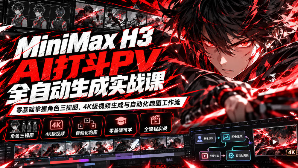 MiniMax H3 AI打斗PV全自动生成实战课:零基础掌握角色三视图、4K级视频生成与自动化跑图工作流-网赚副业网