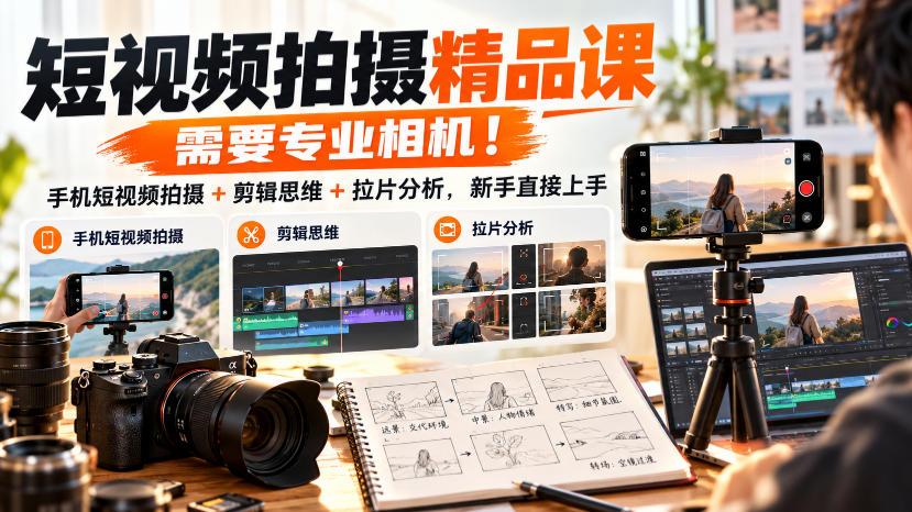 短视频拍摄精品课，需要专业相机！手机短视频拍摄+剪辑思维+拉片分析，新手直接上手-网赚副业网
