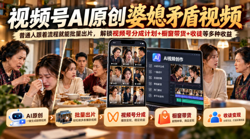 视频号ai原创婆媳矛盾视频，普通人跟着流程就能批量出片，解锁视频号分成计划+橱窗带货+收徒等多种收益-网赚副业网