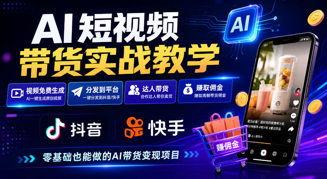 AI短视频带货实战教学,视频免费生成,分发到抖音快手平台,达人带货賺佣金-网赚副业网