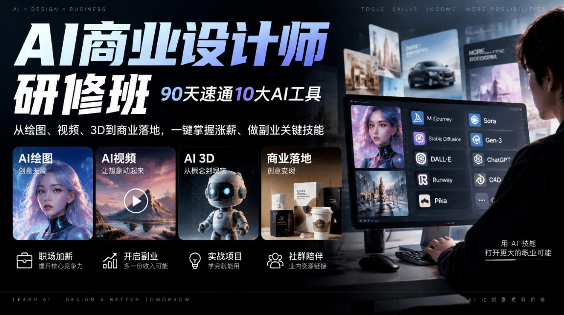 AI商业设计师研修班,90天速通10大AI工具,从绘图、视频、3D到商业落地,一键掌握涨薪、做副业关键技能-网赚副业网