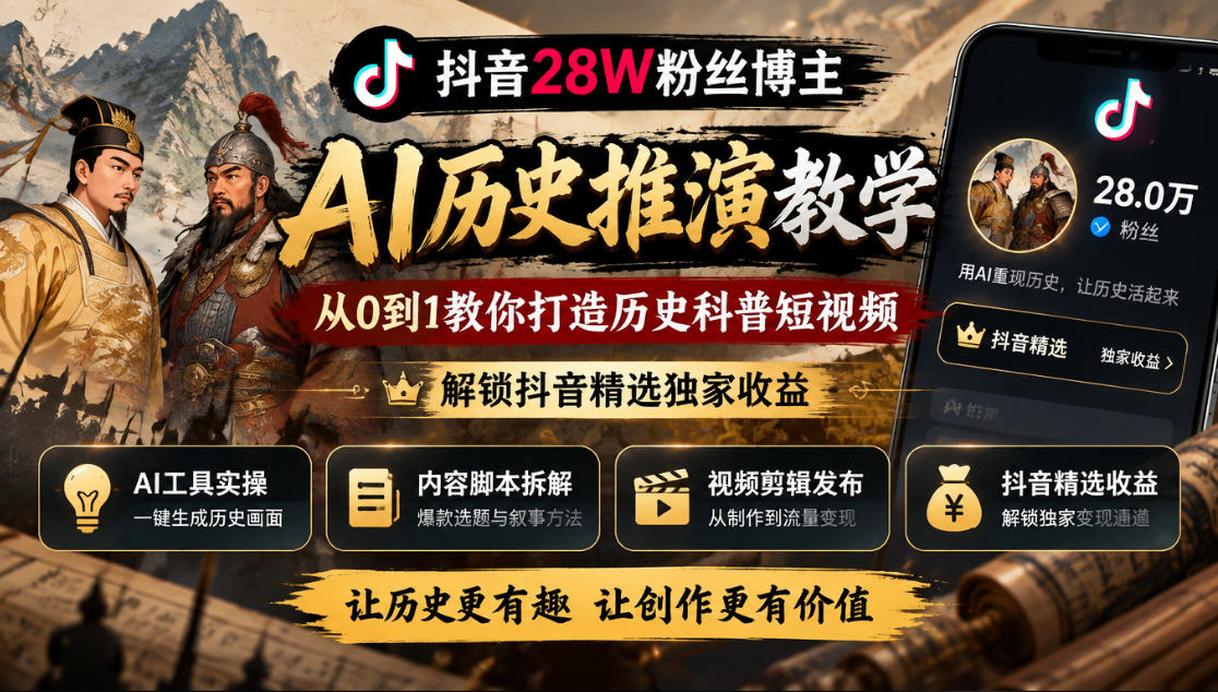 抖音28W粉丝博主的AI历史推演教学,从0到1教你打造历史科普短视频,解锁抖音精选独家收益-网赚副业网