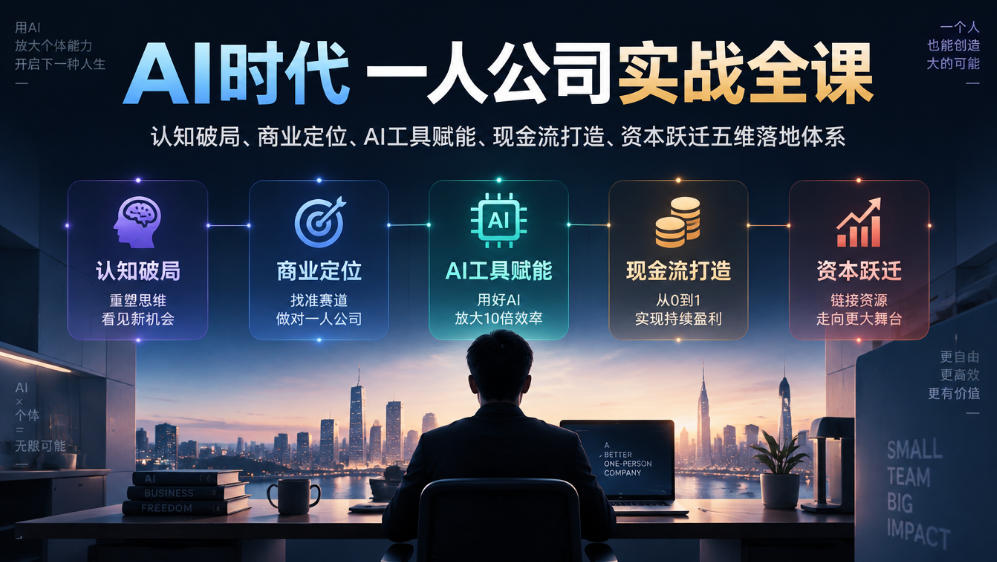 AI时代一人公司实战全课|认知破局、商业定位、AI工具赋能、现金流打造、资本跃迁五维落地体系-网赚副业网
