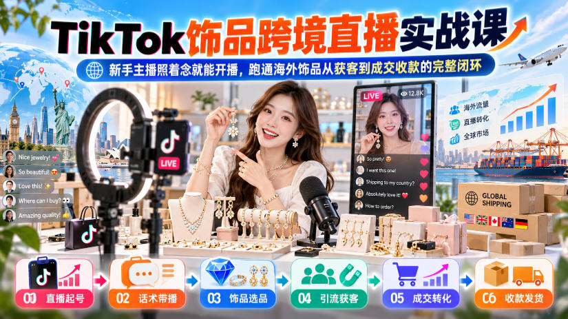 TikTok饰品跨境直播实战课,新手主播照着念就能开播,跑通海外饰品从获客到成交收款的完整闭环-网赚副业网