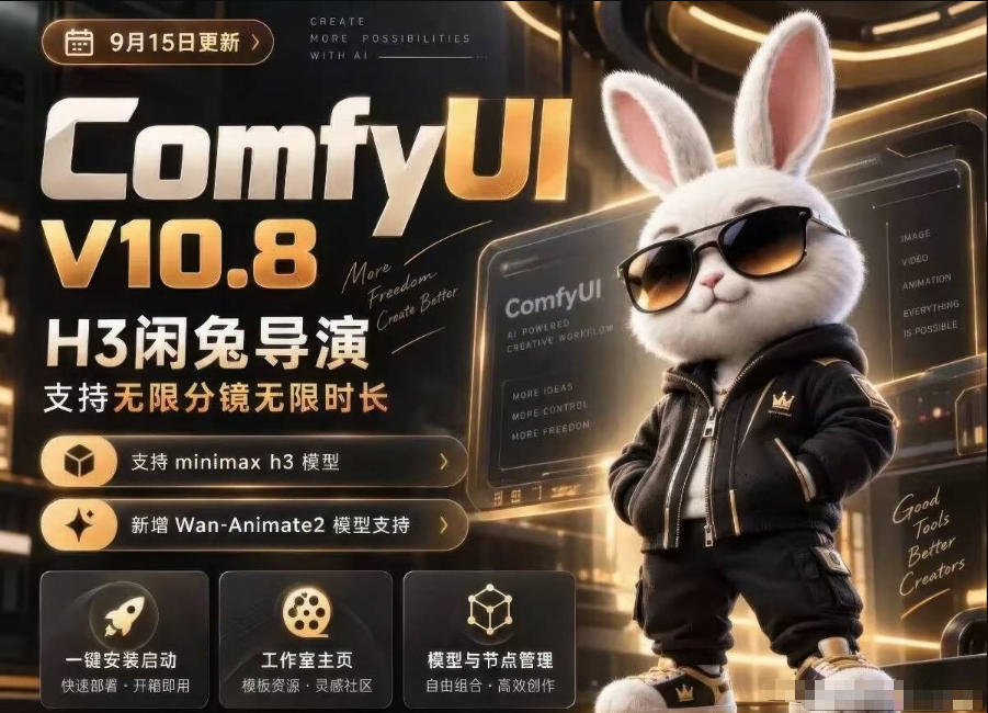 ComfyUI V10.8中文整合包,H3闲兔导演,支持无限分镜无限时长,1000+工作流,动作迁移,角色替换,视频一致性,口型同步,低显存可用-网赚副业网