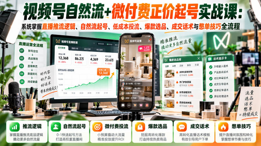 视频号自然流+微付费正价起号实战课：系统掌握直播推流逻辑、自然流起号、低成本投流、爆款选品、成交话术与憋单技巧全流程-网赚副业网