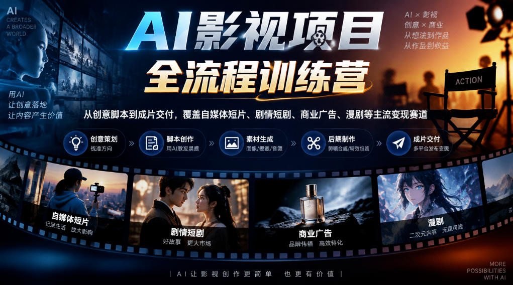 AI影视项目全流程训练营,从创意脚本到成片交付,覆盖自媒体短片、剧情短剧、商业广告、漫剧等主流变现赛道-网赚副业网