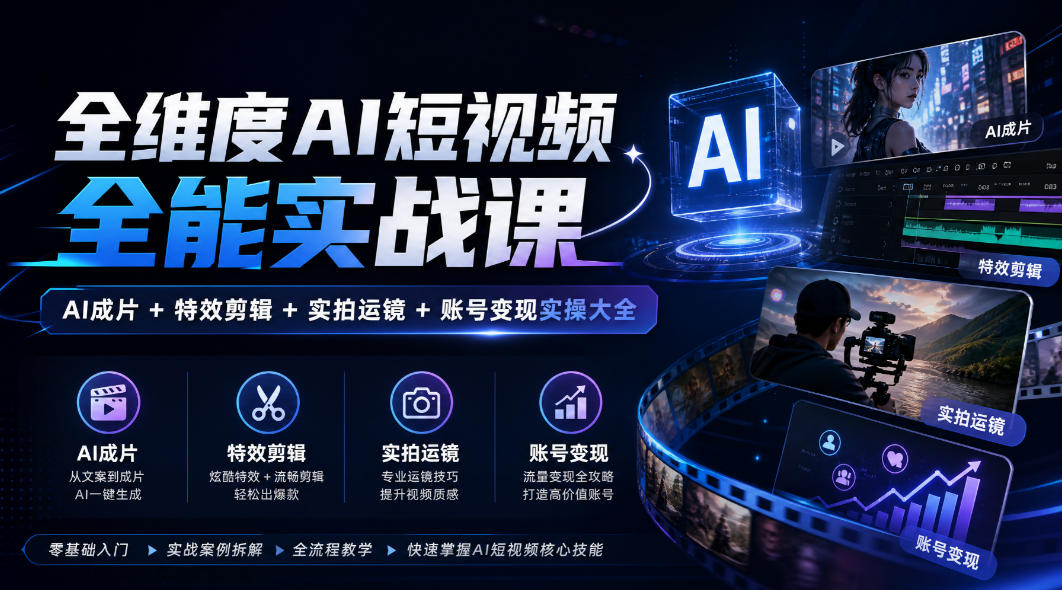 全维度AI短视频全能实战课，AI成片+特效剪辑+实拍运镜+账号变现实操大全-网赚副业网