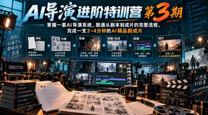 AI导演进阶特训营第3期,掌握一套AI导演系统,跑通从剧本到成片的完整流程,完成一支3~4分钟的AI精品剧成片(附1、2期)-网赚副业网