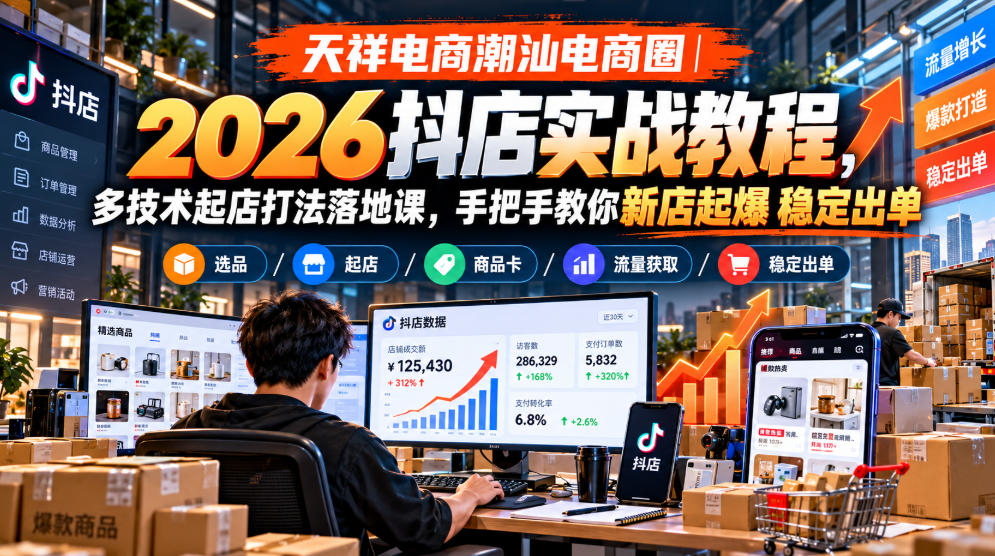 天祥电商潮汕电商圈|2026抖店实战教程,多技术起店打法落地课,手把手教你新店起爆稳定出单-网赚副业网