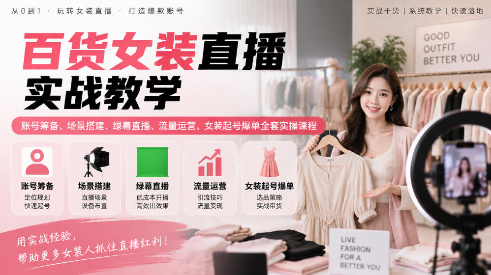百货女装直播实战教学|账号筹备、场景搭建、绿幕直播、流量运营、女装起号爆单全套实操课程-网赚副业网