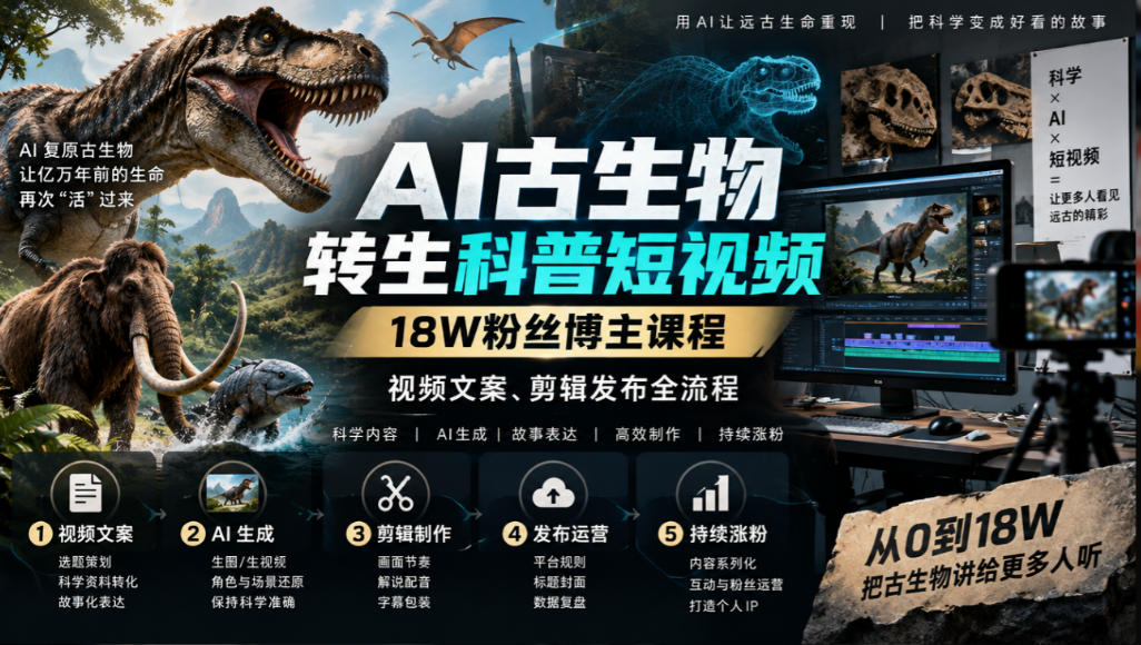 AI古生物转生科普短视频，18W粉丝博主课程，视频文案、剪辑发布全流程-网赚副业网