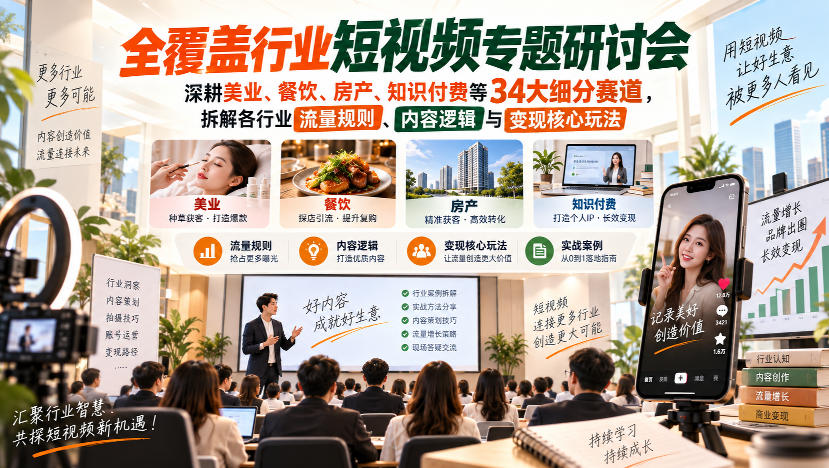 短视频专题研讨会,深耕美业、餐饮、房产、知识付费等34大细分赛道,拆解各行业流量规则、内容逻辑与变现核心玩法(更新1011)-网赚副业网