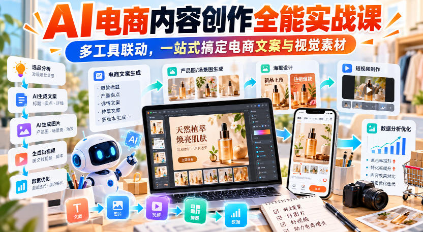【无水印】AI电商内容创作全能实战课|多工具联动,一站式搞定电商文案与视觉素材-网赚副业网