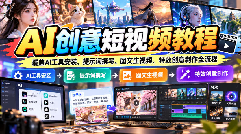 AI创意短视频教程,覆盖AI工具安装、提示词撰写、图文生视频、特效创意制作全流程-网赚副业网