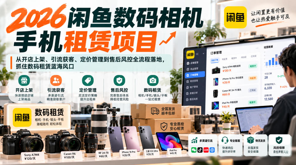 2026闲鱼数码相机手机租赁项目,从开店上架、引流获客、定价管理到售后风控全流程落地,抓住数码租赁蓝海风口-网赚副业网