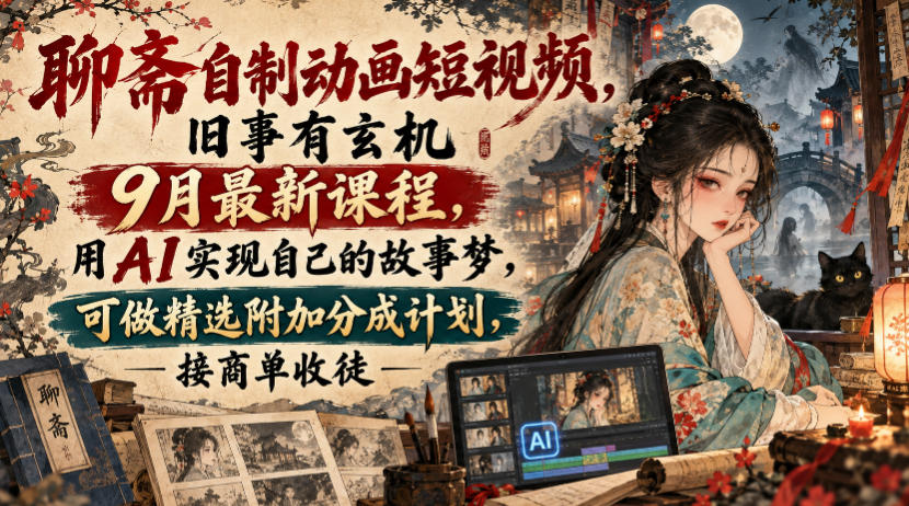 聊斋自制动画短视频,旧事有玄机9月最新课程,用AI实现自己的故事梦,可做精选附加分成计划,接商单收徒-网赚副业网