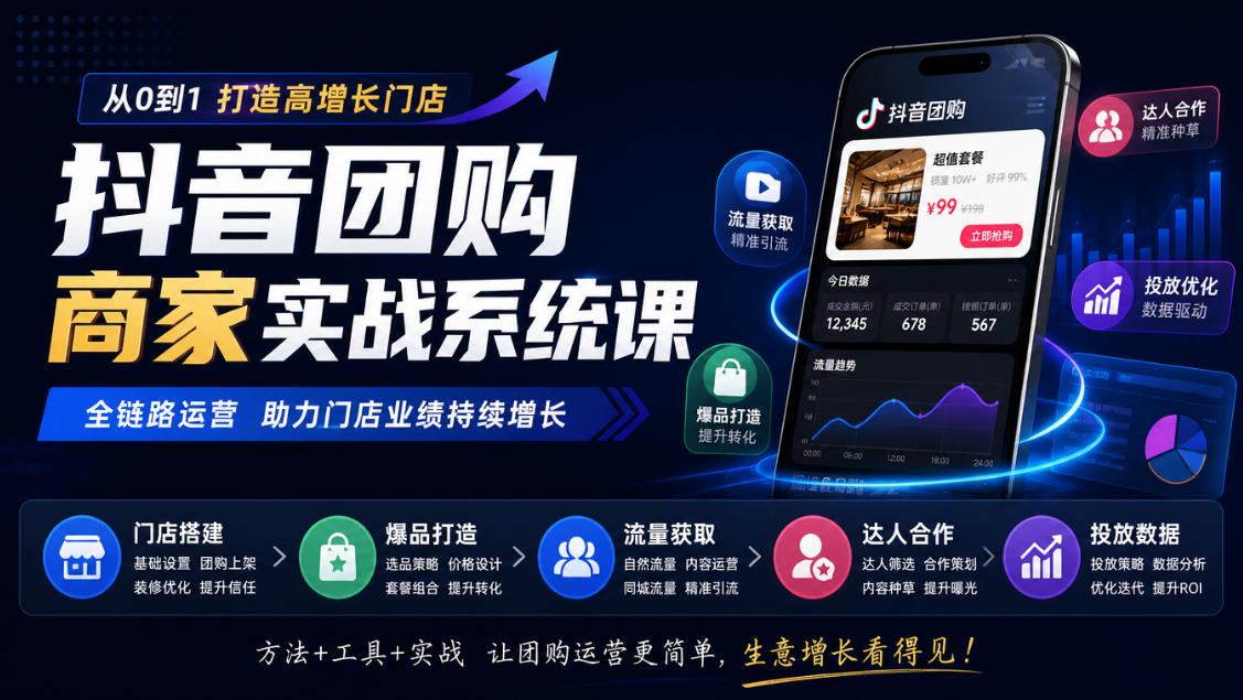 抖音团购商家实战系统课|门店搭建、爆品打造、流量获取、达人合作、投放数据全链路运营-网赚副业网