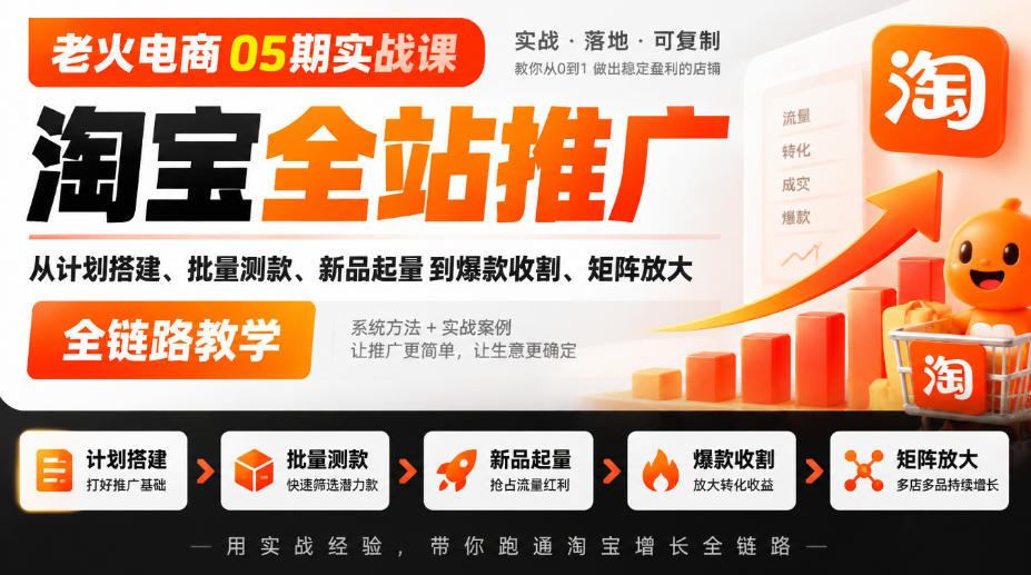 老火电商05期实战课|淘宝全站推广从计划搭建、批量测款、新品起量到爆款收割、矩阵放大全链路教学-网赚副业网