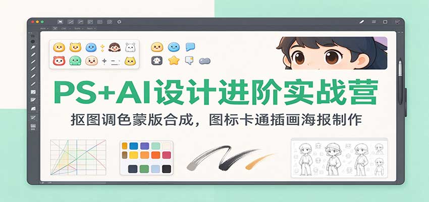 PS+AI设计进阶实战营:抠图调色蒙版合成,图标卡通插画海报制作-网赚副业网