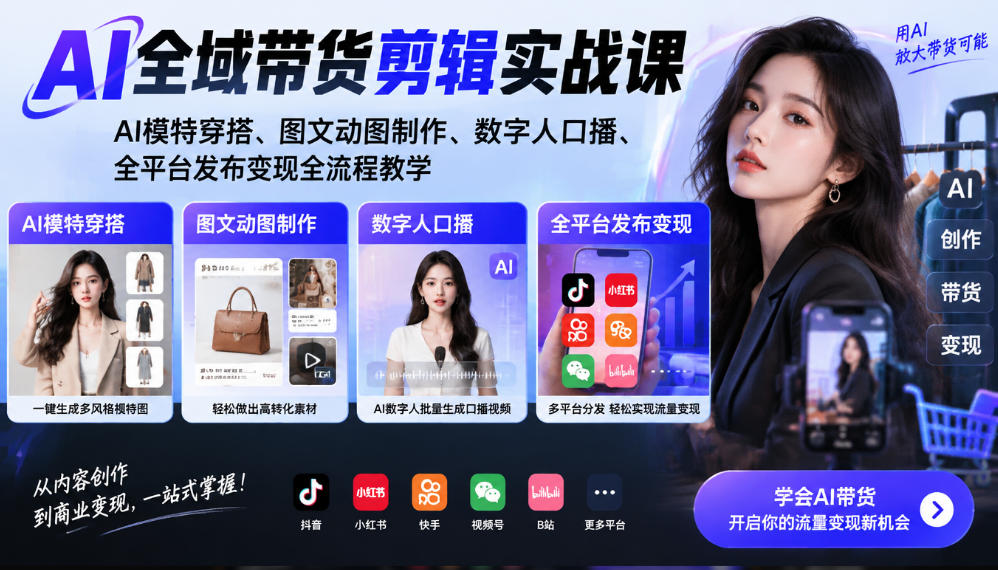 AI全域带货剪辑实战课|AI模特穿搭、图文动图制作、数字人口播、全平台发布变现全流程教学-网赚副业网