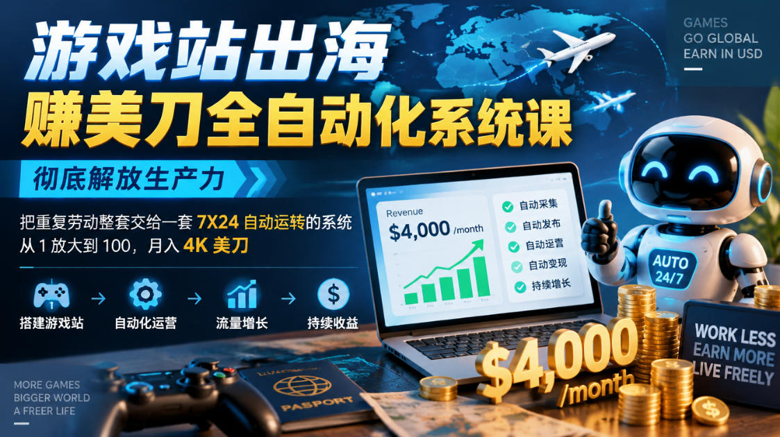 游戏站出海賺美刀全自动化系统课,彻底解放生产力–把重复劳动整套交给一套7X24自动运转的系统,从1放大到100,月入4K美刀-网赚副业网