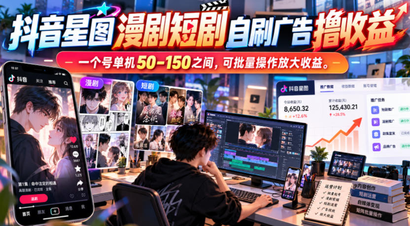 抖音星图漫剧短剧自刷广告撸收益，一个号单机50-150之间，可批量操作放大收益-网赚副业网