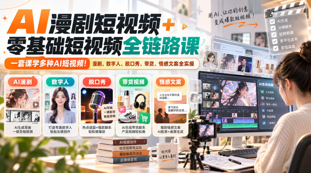 AI漫剧短视频+零基础短视频全链路课,一套课学多种AI短视频!漫剧、数字人、脱口秀、带货、情感文案全实操-网赚副业网