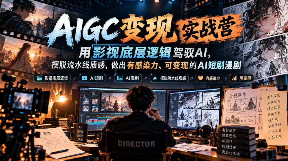 AIGC变现实战营,用影视底层逻辑驾驭AI,摆脱流水线质感,做出有感染力、可变现的AI短剧漫剧-网赚副业网