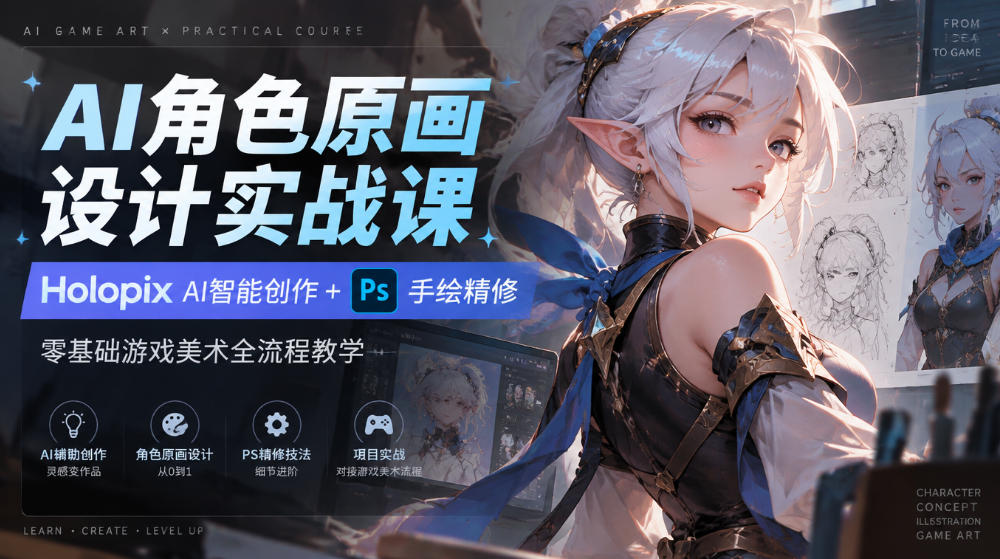 AI角色原画设计实战课|Holopix AI智能创作+PS手绘精修,零基础游戏美术全流程教学-网赚副业网