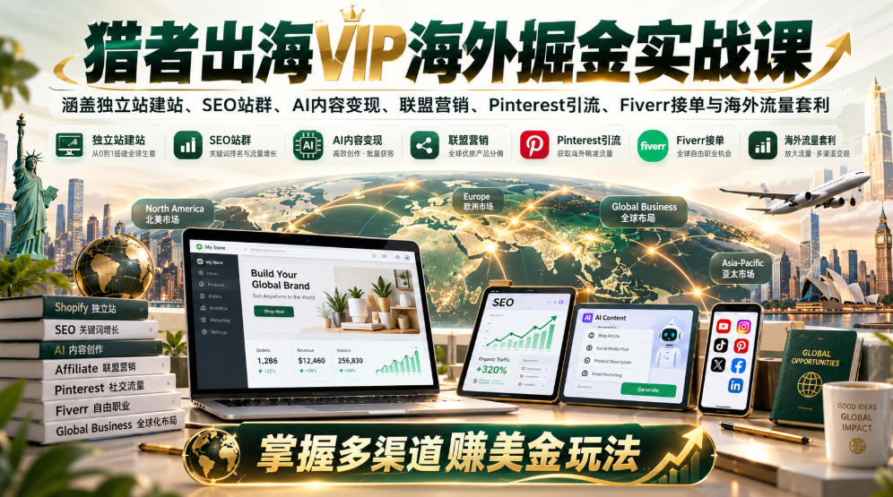 猎者出海VIP海外掘金实战课:涵盖独立站、SEO站群、AI变现、联盟营销、Pinterest引流、Fiverr接单与海外流量套利,掌握多渠道賺美金玩法-网赚副业网