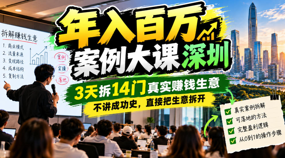 年入百W案例大课深圳,3天拆14门真实賺钱生意,不讲成功史,直接把生意拆开-网赚副业网